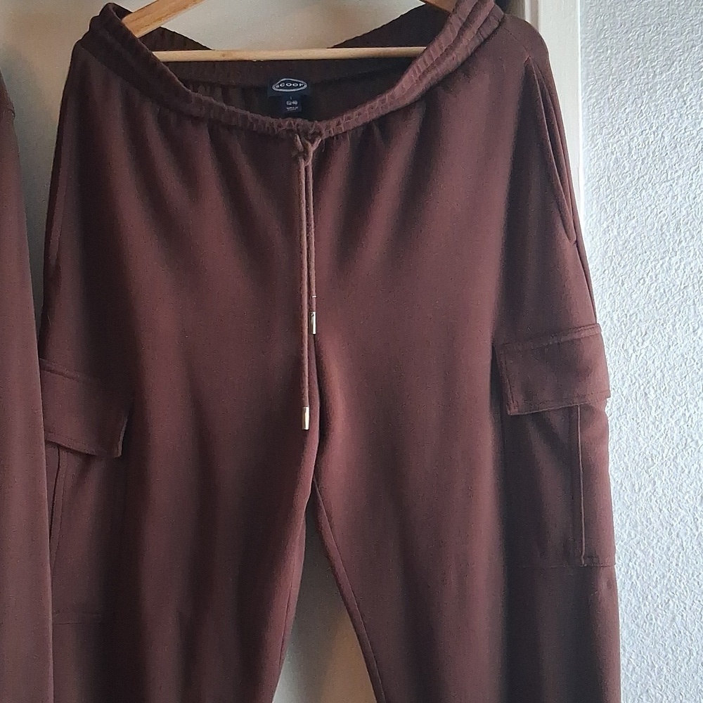 Chocolate Brown 2 Piece Set Soft Ponte Knit Cargo Joggers & Zip Up - Picture 3 of 7